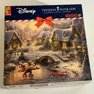 Disney Thomas Kinkade Mickey Minnie Holiday 1000 Piece Puzzle with Poster